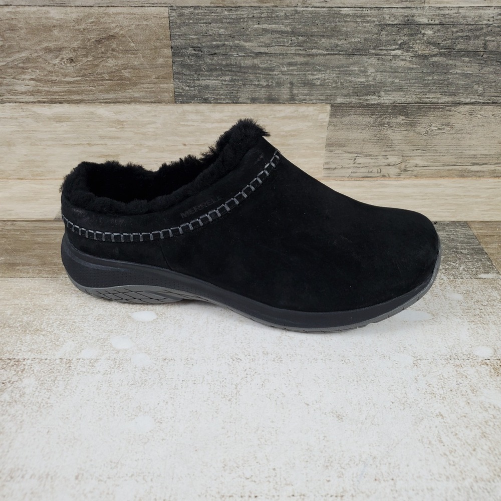 Merrell Encore Ice 5 Womens Clogs Sz 9 W Black Suede Slip-On Faux-Fur Comfort
